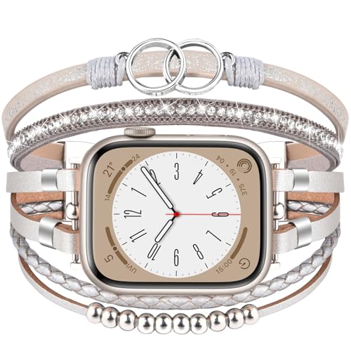 MOFREE Boho Leather Bracelet Compatible with Apple Watch Band 38mm 40mm 41mm Women, Handmade Multilayer Wrap Beaded Jewelry Apple Watch Strap for iWatch Series 9 8 7 6 5 4 3 2 1 Silver