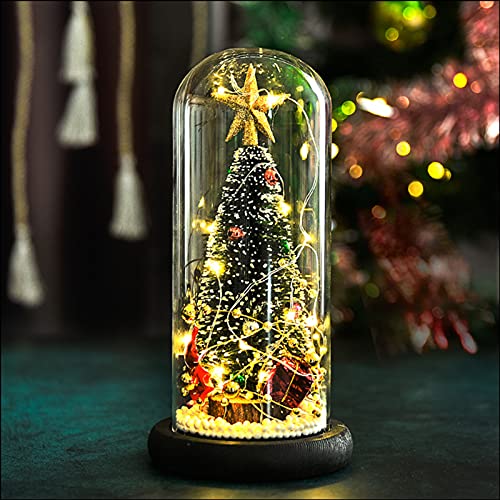 Árbol de Navidad en cúpula de vidrio Árbol de Navidad en miniatura con luces LED y base de madera Decoración de...