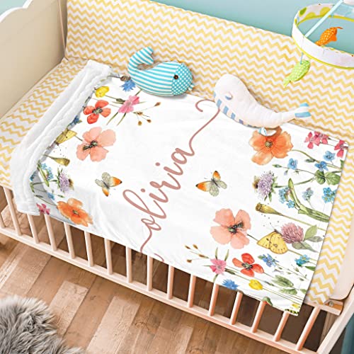 Image of Personalized Swaddle Baby Blankets with Name Plants Flowers, Customized Floral Nursery Blanket for Girls, Newborn Shower Gifts for Baby Girl, Easter Birthday Gifts for Kids Girls