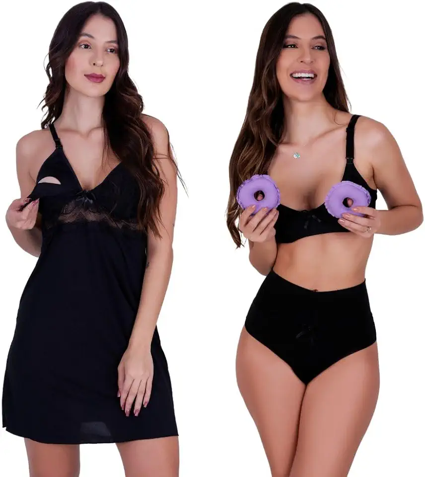 Combo Camisola Amamentação com Clique Rosquinha para Seios e Calcinha Pós Parto Thamires