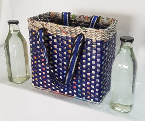 Image of Paperus, Medium, Blue Check Lunch Bag, Picnic Basket, Carry Bag, Handbag, Tiffin Basket for Office, Rectangular, Eco-Friendly, Handmade, of Paper Ropes, in Inch 11 H, 12 L, 6 Wide Base