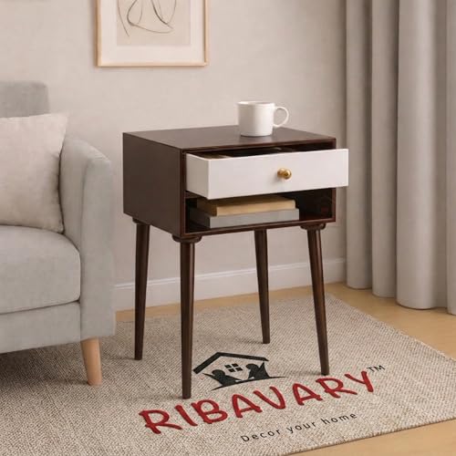 Image of Modern Bedside Table Nightstand with Solid Wood Legs, Practical End Side Table with Drawer Storage for Small Spaces Wooden Bedside Table, Coffee Table, Living Room /Bedroom (Brown-White)
