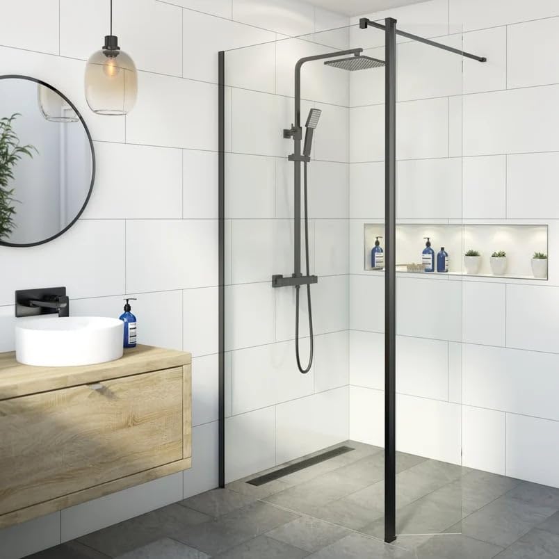 BAYSTONEยฎ 760mm Wet Room Shower Screen Panel 8mm Toughened Safety Easy Clean Glass Walk in Shower Enclosure + Fixed Return Panel, Frameless, Black