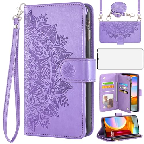 Asuwish Phone Case for LG Velvet 5G/LGVelvet Verizon G5 UW T-Mobile 2020 Wallet Cell Cover with Screen Protector Lanyard Wrist Strap Mandala Flower Zipper Card Holder Slot LM G900UM 4G Tmobile Purple