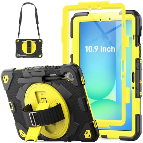 HXCASEAC Heavy Duty Case for Samsung Galaxy Tab S10 Lite / S10 FE / S9 FE 10.9" 5G | S Pen Holder | Screen Protector | 360 Rotating Hand Strap | Fits Samsung S10 Lite/S10 FE/S9 FE Tablet Case | Yellow