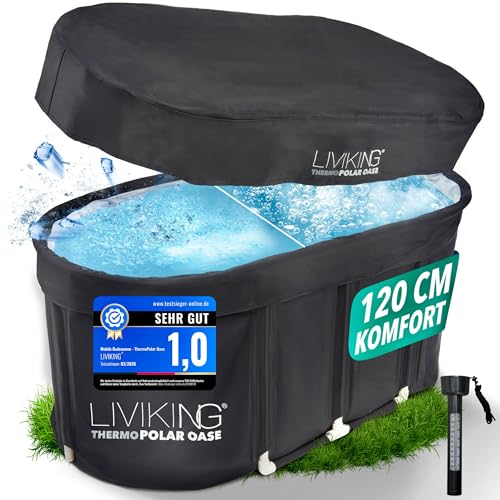 LIVIKING Eisbad + Faltbare Badewanne Erwachsene [120 cm - 2in1 KOMFORT KOMPLETTSET] Eisbaden Tonne Mobile Badewanne Outdoor & Eistonne Jetzt Eintauchen! (ThermoPolar Oase schwarz)
