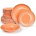 Geschirrset Teller Set 6 Personen, 18-Teiliges Tafelservice, Orange Steingut Geschirr, suntun Geschirr Set mit 6 Speiseteller, 6 Suppenteller Tief und 6 Kuchenteller