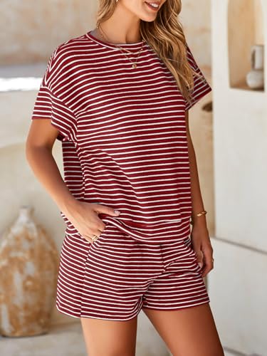 Image of Tankaneo Womens Pajama Sets Striped 2 Piece Lounge Sets Short Sleeve Oversized T Shirts Drawstring Shorts Matching Set