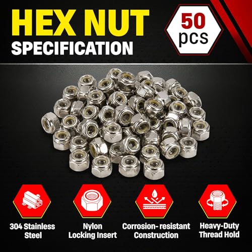 Image of Chenango Supply 3 /8-16 Stainless Steel Nylon Insert Lock Nuts - 304 Stainless, USS Coarse Thread, Reusable Nylock Design, Corrosion-Resistant Hardware, (50 Pieces, 3 /8-16 NyHxNut)