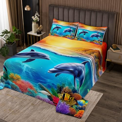 Manfei Delfin Tagesdecke M Größe,Ocean Sea Life Bettwäsche Set,Bunte Unterwasser Welt Tröster Set Kinder Mädchen Jungen Teens Zimmer Dekor,romantische Hawaii Stil Quilt Coverlet,2 Kissenbezug