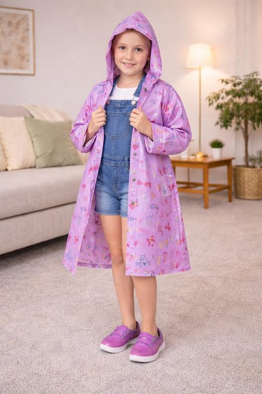 Image of Kids Waterproof PVC Raincoat with Hood & Sleeves | Lightweight, Portable Rain Wear for Boys & Girls | Button Closure with Storage Bag