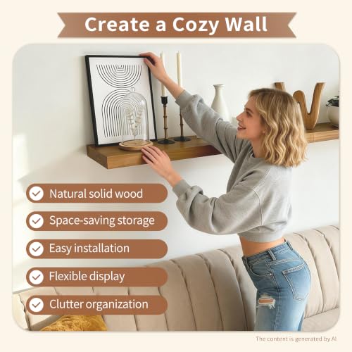 Image of ROGMARS 36 Inches Long Walnut Floating Shelves,Rustic Solid Wood Farmhouse Wall Shelves with Invisible Brackets for Bathroom, Living Room, Bedroom, Kitchen Set of 2