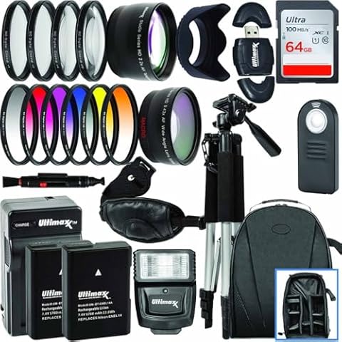 Ultimaxx 55MM Accessory Kit for Nikon D3300,D3400,D3500,D5500,D5600,D7500,D500, D780 with 2X EN-EL14A Replacement Batteries + Digital Filter Kits + Lightweight Tripod & Much More Cover