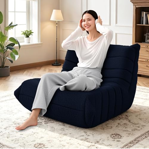 Image of HABUTWAY Bean Bag Chairs Fireside Lazy Floor Sofa,Single,Navy Blue | Soft Teddy Fleece Bean Bag Sofa with High-Resilience Foam Filling,Beanbag for Living Room, Bedroom, Office