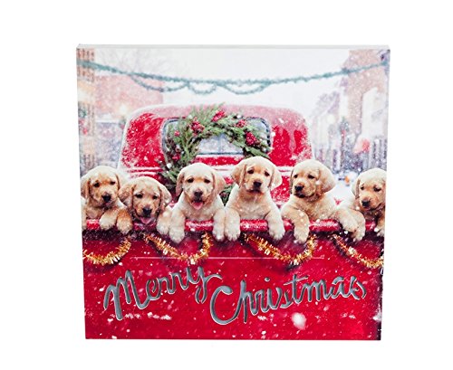 Cypress Home Beautiful Christmas Lab Puppies in Red Truck LED Canvas Wall Décor - 20 x 2 x 20 Inches Indoor/Outdoor Decoration for Homes, Yards and Gardens