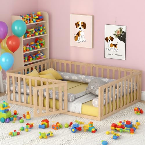 Image of Queen Floor Bed with High Fence and Door, Wood Montessori Floor Bed with Rails, Cute Montessori Bed Queen Size, Natural