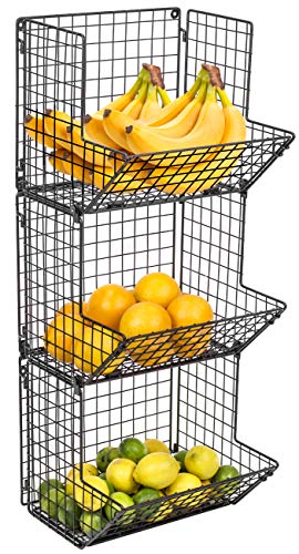 Image of Sorbus 3-Tier Fruit Stand & Wall Mount Kitchen Storage Bin Multipurpose Foldable Organizer, Great for Kitchen, Bathroom, Laundry Organization (Black)