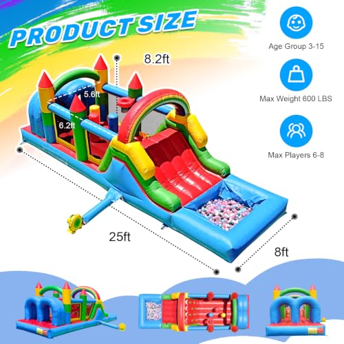 Image of 25FT Commercial Bounce House for Big Kids Adults (0.45mm Heavy Duty PVC) (600lbs Capacity) Inflatable Obstacle Course Bounce House with 1100W Blower, Water Slide Backyard Outdoor Party, 25x8x8.2FT