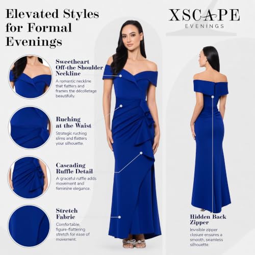 Image of Xscape Women's Long Off-the-Shoulder Sweetheart Neckline Formal Evening Gown with Ruching and Draped Ruffle Detail