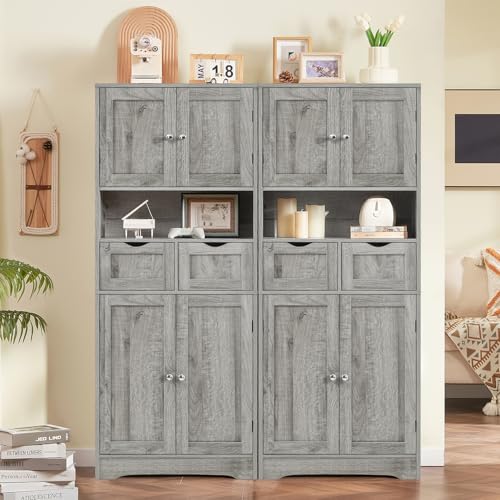 Image of TEENFON 57.8 inch H Tall Storage Cabinet with 2 Drawers & 2 Adjustable Shelves, Bathroom Storage Cabinet with 4 Doors, Floor Cupboard, for Living Room, Dining Room, Entryway, Woodgrain Gray
