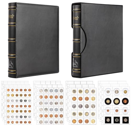 Álbum de colección de monedas con 306 bolsillos y set de funda – 4 tamaños de bolsillos variados, libro de colección de 12 páginas, álbum de monedas de 4 anillos todo-en-uno 24,4×30 cm BC01