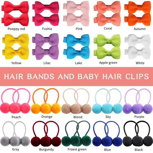 40Pcs Baby Girl Bow Fully Lined Hair Clip, Solid Color Boutique Grosgrain Ribbon Hair Clip Baby Plush Small Ball Hair Ties, Little Girl Ponytail Braid Decorations #TOP1
