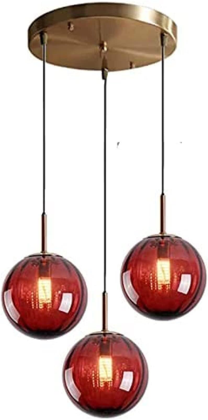 KXEcoLife Industrial Retro Loft Brass Glass Globe Pendant Lamp Chandelier Hanging Lighting Ceiling Fixture Three Way Cluster for Dining Room Kitchen Island(Red)