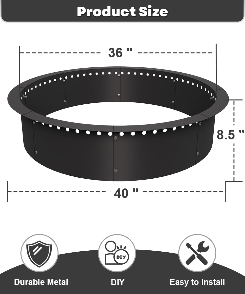 36 Inch Smokeless Fire Pit Ring Insert Outdoor, Heavy Duty Metal Steel DIY Firepit Rim Liner Round Campfire Rings for Outside Wood Burning Above or In-Ground, Black