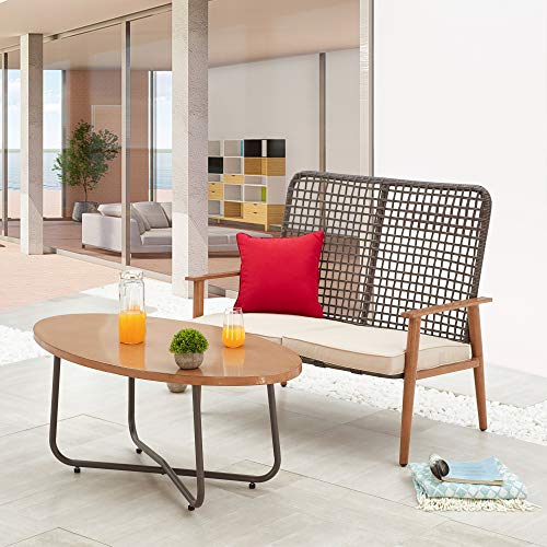 LOKATSE HOME Outdoor 2 Pcs Wood Loveseat Coffee Table Patio Cushioned Bench Balcony