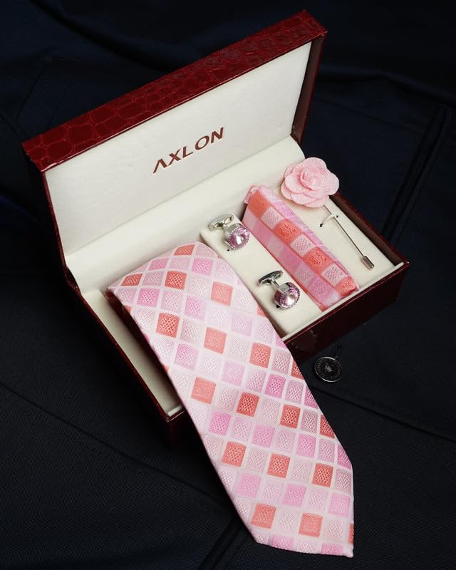 Image of Axlon Tie for Men - Micro Silk Neck Ties Set with Cufflinks Flower Pin, Pocket Square & Black Gift Box, Combo Necktie Sets for Office Wear, Formal Suits & Weddings (0, Checkpn)