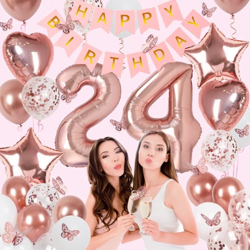 Image of Rose Gold 24th Birthday Decorations for Women, 24 Year Old Sign with Happy Birthday Banner, 40In Number 24 Foil Birthday Balloons, Butterfly Decorations, Heart and Star Balloons