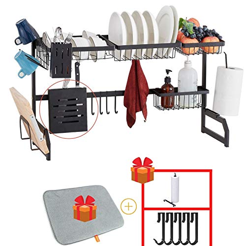 Best Review Over The Sink Dish Drying Rack with Drying Mat,2 Tier Stainless Steel Kitchen Save Countertop Space Storage Organizer Shelf Dish Dryer with Utensil Cutlery Paper Glass Knife Holder Black(TK19018-2)