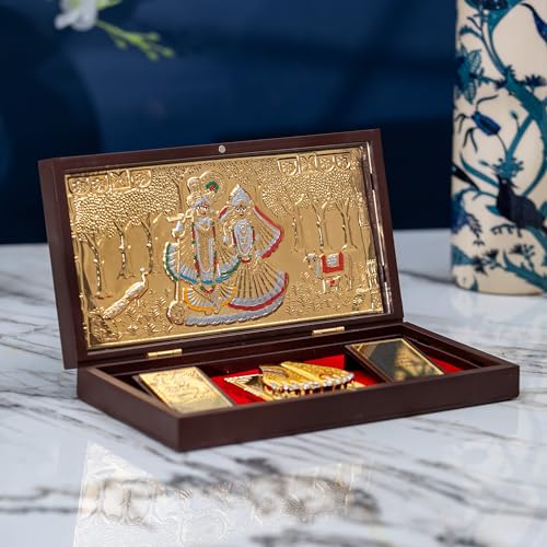 Image of Idolkart Radha Krishna Pocket Temple 24 Karat Gold Coated - Radhakrishna Photo Frames, Gift, Pooja Box Crafted from Wood | for Wealth, Prosperity & Vastu Benefits - Housewarming Gift - 4x8