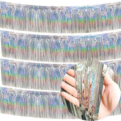 Image of 4 Packs 10 Feet Long Laser Silver Foil Fringe Garland Shiny Metallic Tinsel Wall Hanging Banner for Car Parade Birthday Parties Floats Wedding Baby Shower Ceremonies Bachelorette Garden Decorations