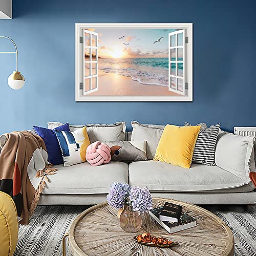 Beach Wall Art Picture for Living Room - Window Frame Style Canvas Wall Decor Ocean Sunset - Blue Sea and White Sand Painting on Canvas for Bedroom Office Home Decoration - Image 2