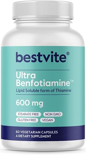 BESTVITE Ultra Benfotiamina 600 mg por cápsula (60 cápsulas vegetarianas) sin estearatos - Sin dióxido de silicio - Vegano - Sin OMG - Sin gluten -