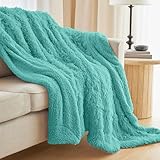 The Connecticut Home Co Throw Blanket Soft Fluffy Room Decor, Cozy Warm Throws for Bed, Couch, Gifts for Women, Bedroom Cute Aesthetic Blankets Shag and Sherpa, 65x50, Turquoise
