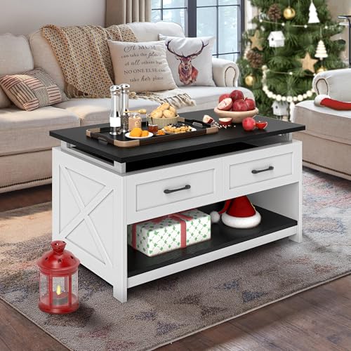 DWVO Farmhouse Living Room Coffee Table: 3-in-1 Game & Puzzle Table with Play Mat, 4 Drawers, Power Outlet, Removable Top Black