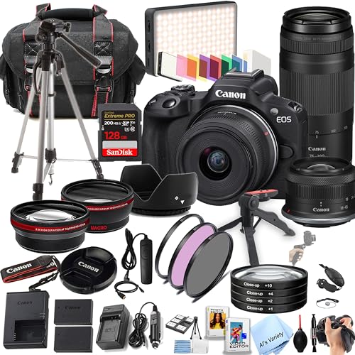 Canon EOS R50 24.2MP APS-C CMOS Sensor Mirrorless Camera with 18-45mm + 75-300mm Lenses + 128GB Extreme Memory, LED Video Light, Wide Angle Lens, Telephoto Lens, Filters- 44pc Pro Bundle (Renewed)