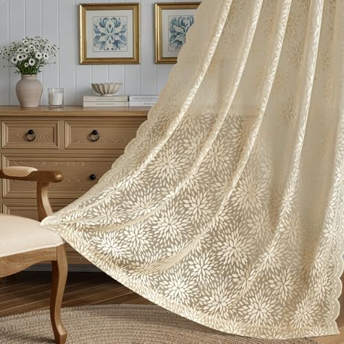 Image of MIULEE Vintage Floral Scalloped Lace Curtains 2 Panels, Beige 52 inch W x 36 inch L | Victorian Decorative Design, Semi Sheer Curtains, Pretty Cafe Short Tier Panels, Lace Small Drapes for Kitchen