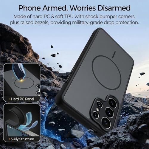 Image of VONZEE Matte Magnetic Case Compatible for Samsung Galaxy S24 Ultra Wireless Charging Shockproof Anti-Scratch TPU PC Slim Fit Full Protection Phone Cover for Samsung Galaxy S24 Ultra-Black