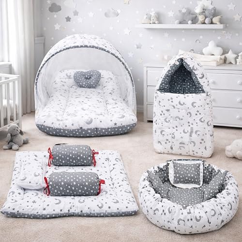 Image of Infantbond Designer Mattress with Net | Baby Carry Bag | 4 Pcs Bedding | 1 Nest(0-6 Months) (Moon Grey)