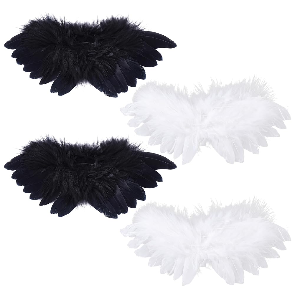 CRAFTYMELODY 4Pcs 2 Colors Mini Black White Angels Feathers Wings for Crafts with Elastic Straps Feathers Wing Accessories Photography Accessories for DIY Crafts Clothes Sewing Decoration Supplies