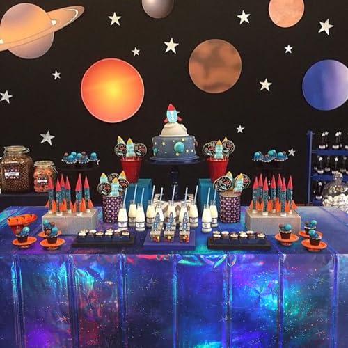 Image of 12Pcs Iridescent Space Tablecloths, Disposable Plastic Purple Galaxy Table Cloth Rectangle Table Covers for Space Starry Night Star Theme Party Birthday Party Decorations, 54x108 Inch