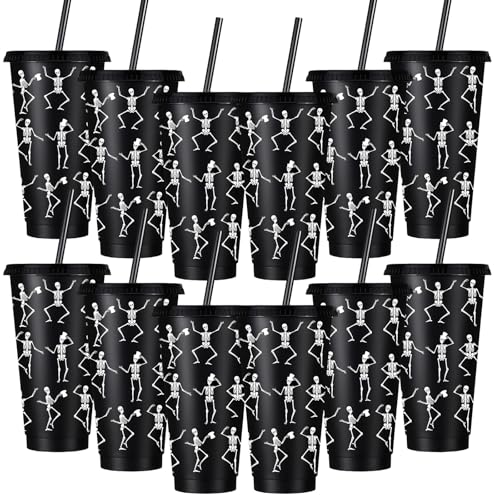 Funnymoom 24 Pcs Halloween Cups with Lids and Straws Skeleton