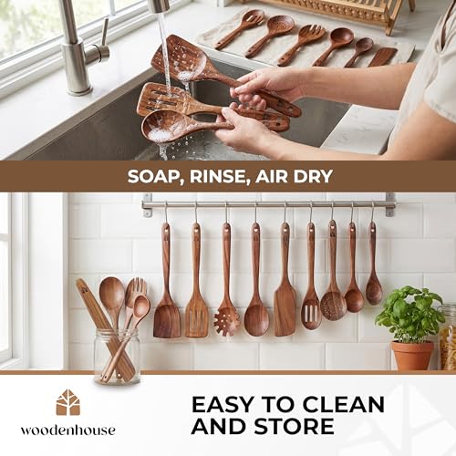 Image of Wooden Spoons for Cooking 13 Pcs, Teak Wooden Utensil Set for Nonstick Pans