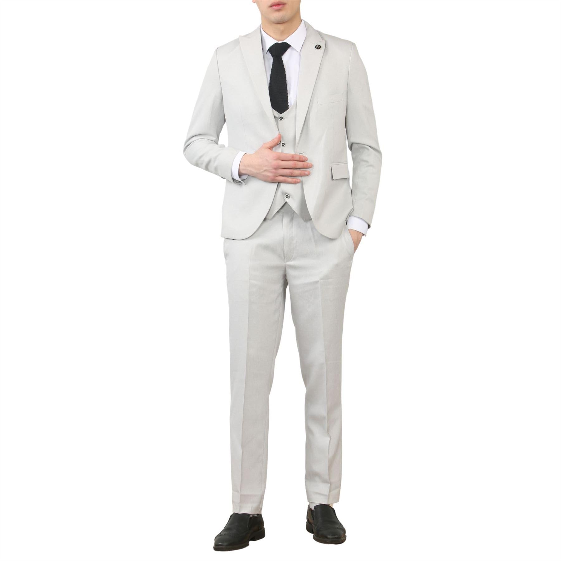 Men's 3 Piece Suit Stone Light Grey Tailored Fit Wedding Classic Prom Formal - Stone 42