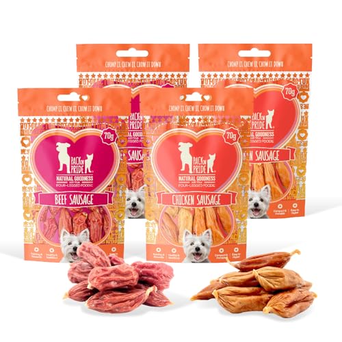 PACKN PRIDE Dog Treats Beef&Chicken Sausage 4 x 70g Packs (280g Total) - 2 Unique Flavors High-Protein Dog Chews Gift Set