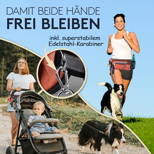 PAWZONE® Futterbeutel Hunde - Leckerlibeutel für Hunde - Bauchtasche für Hunde Zubehör - Leckerlietasche für Hunde - Inkl. Reflektorband & Zusatzgurt für Flexileine (Rostrot)