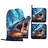 Ocean Shark Pattern Oven Gloves and Hot Pads Set - Heatproof Hand Protection for Baking, Grilling, Cooking 4Pcs